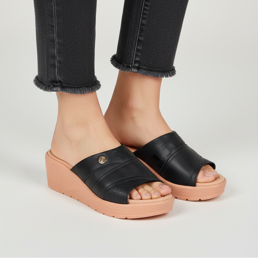 Modelo medio cuerpo mule negra cocodrilo cuña salmón Ref 8014