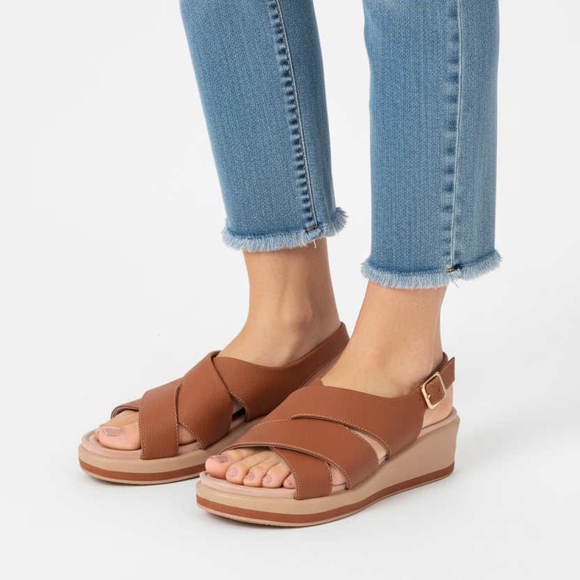 Modelo medio cuerpo sandalia miel cognac cruzada X plataforma camel Ref 8078