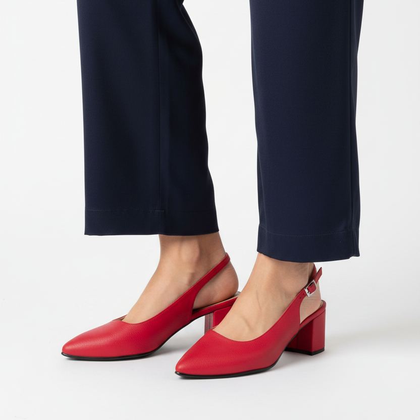 Modelo medio cuerpo slingback rojo tacón bloque punta puntiaguda Ref 7320