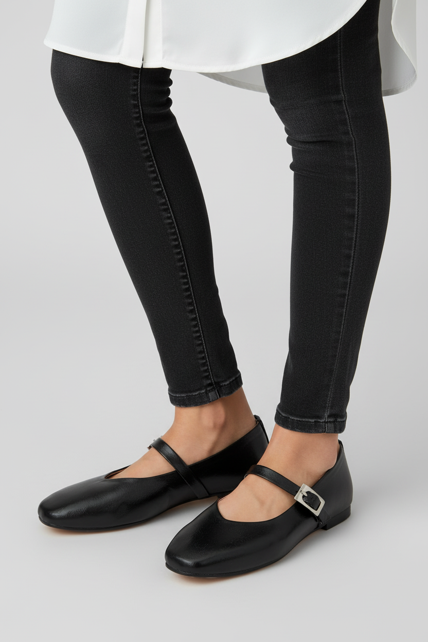 Modelo toma cerrada baleta cuero negro con correa y hebilla dorada Ref 8148