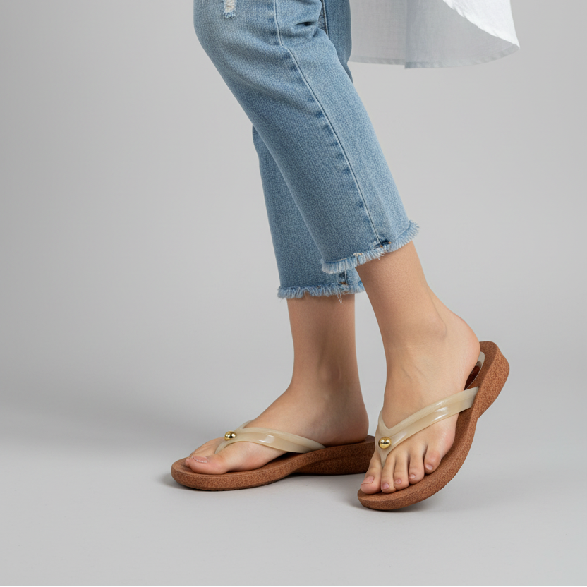 Modelo toma cerrada flip-flop nude con corcho y detalle dorado