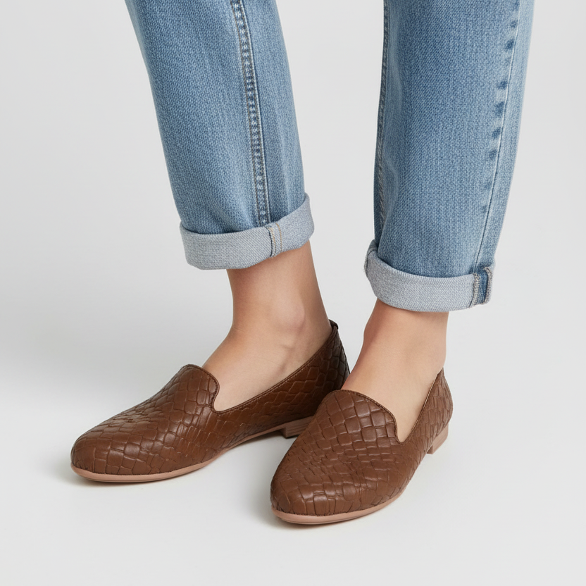 Modelo toma cerrada mocasín cuero tejido trenzado café Ref 8144