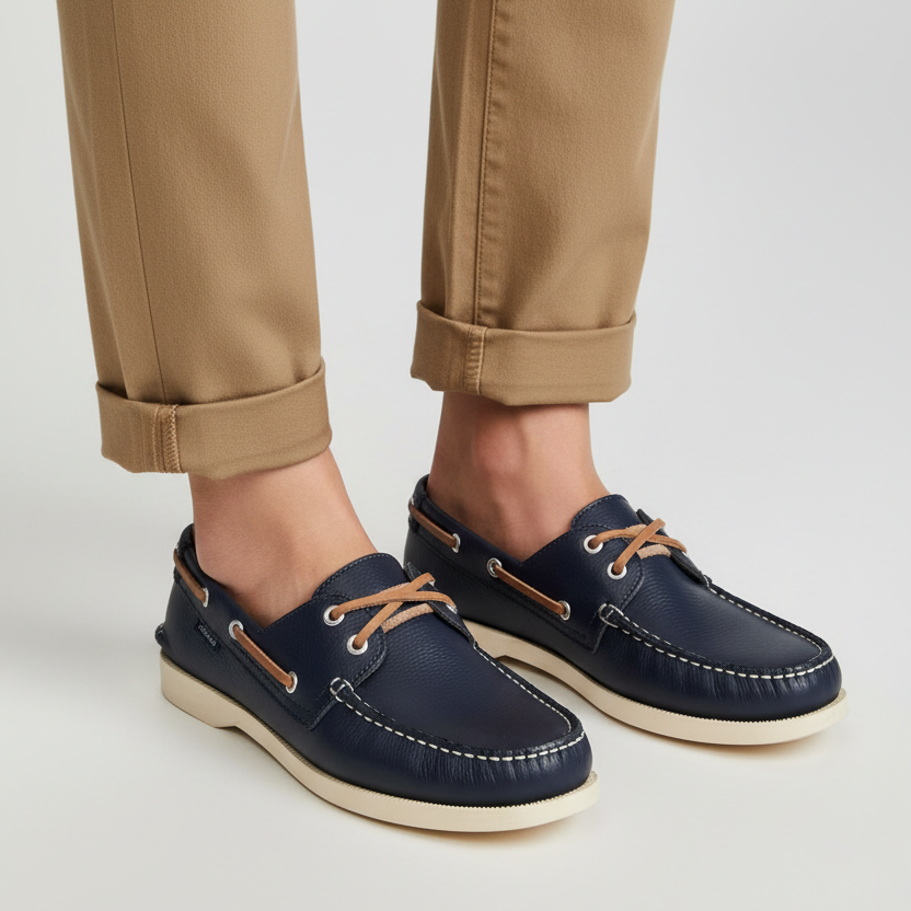 Modelo toma cerrada mocasín náutico azul marino con cordones café y plataforma Ref 8118