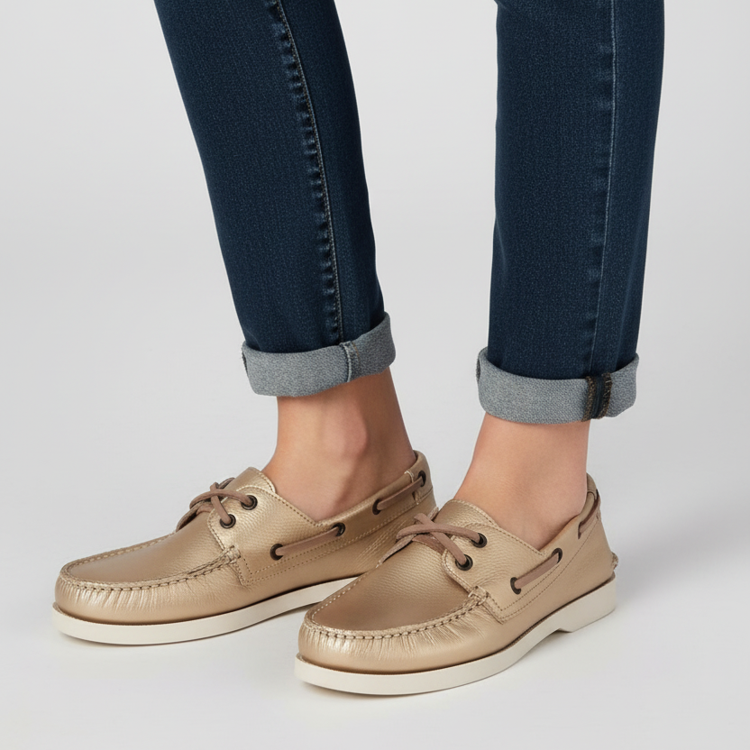 Modelo toma cerrada mocasín náutico dorado con cordones café y plataforma Ref 8118