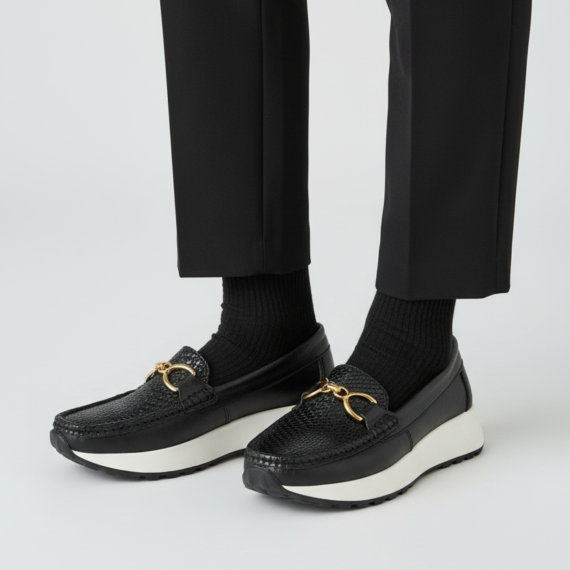 Modelo toma cerrada mocasín negro con hebilla dorada y textura tejida Ref 7830