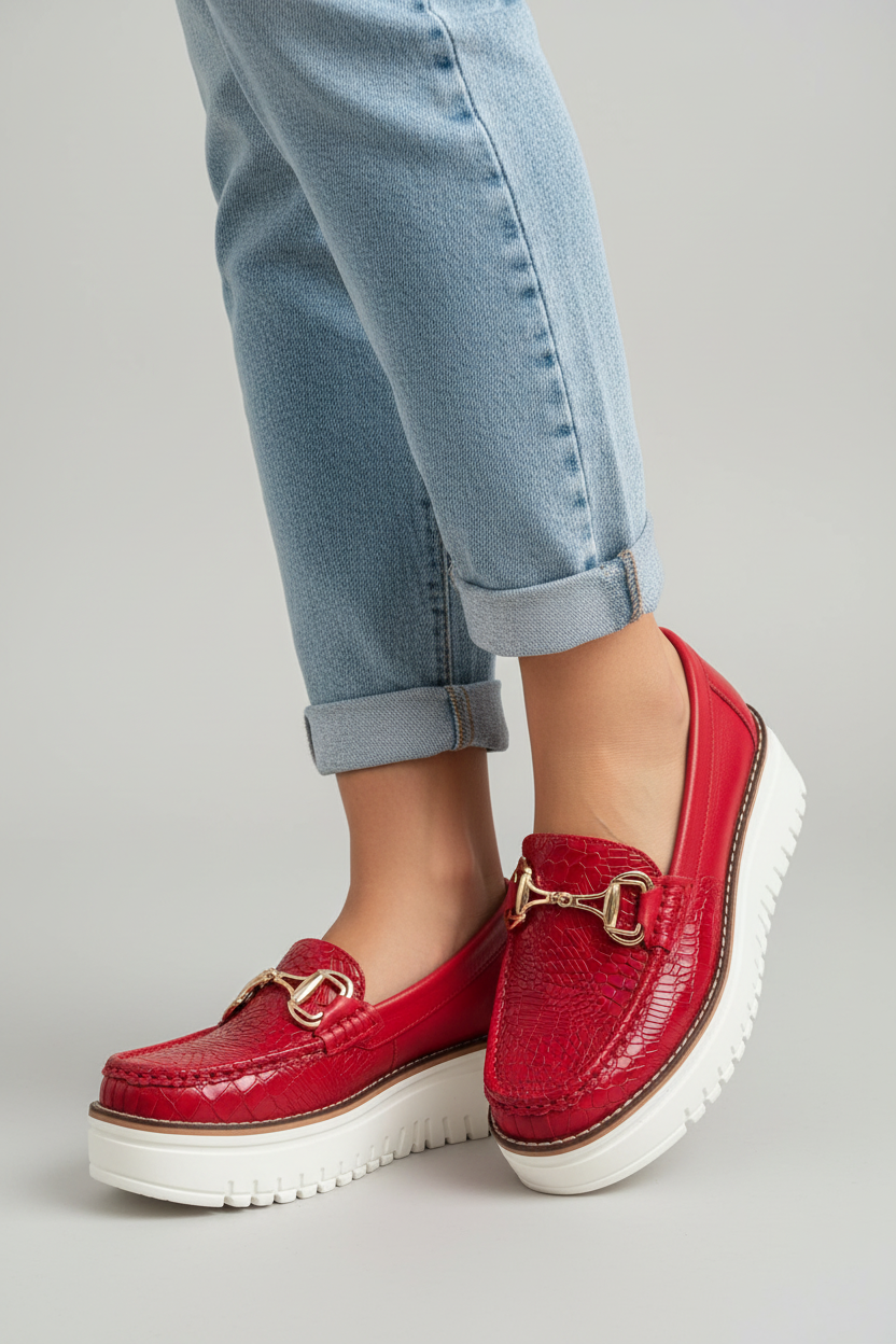 Modelo toma cerrada mocasín rojo con hebilla dorada y plataforma track Ref 8166
