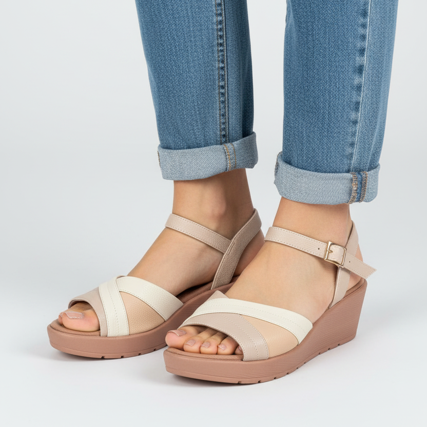 Modelo toma cerrada sandalia beige cuña dos tonos Ref 8013