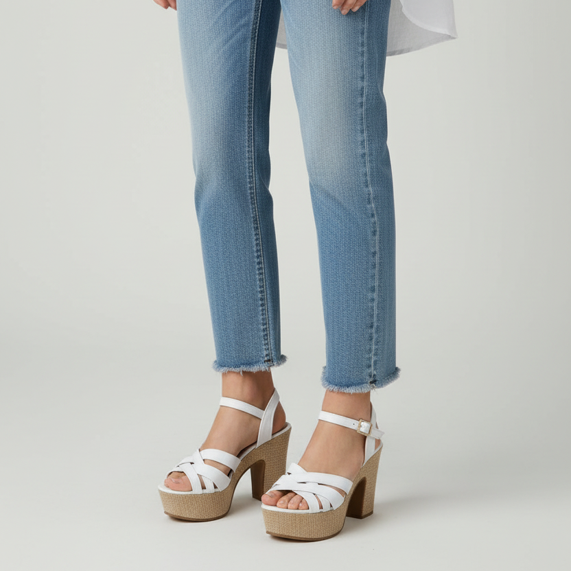 Modelo toma cerrada sandalia blanca con plataforma cuña de yute Ref 7868