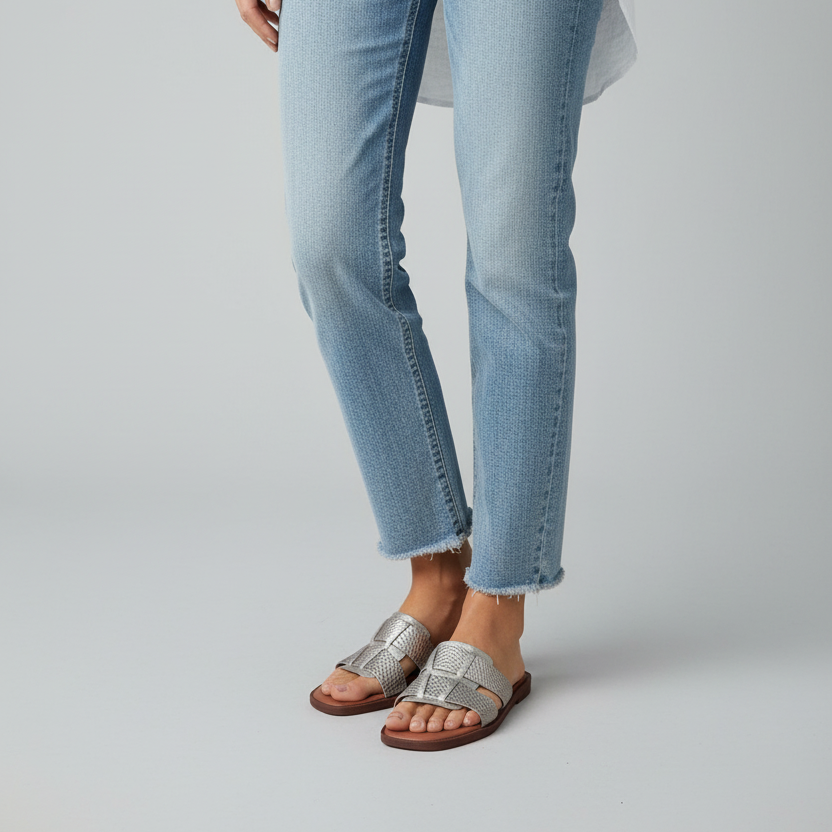 Modelo toma cerrada sandalia H-slide plateada con textura serpiente