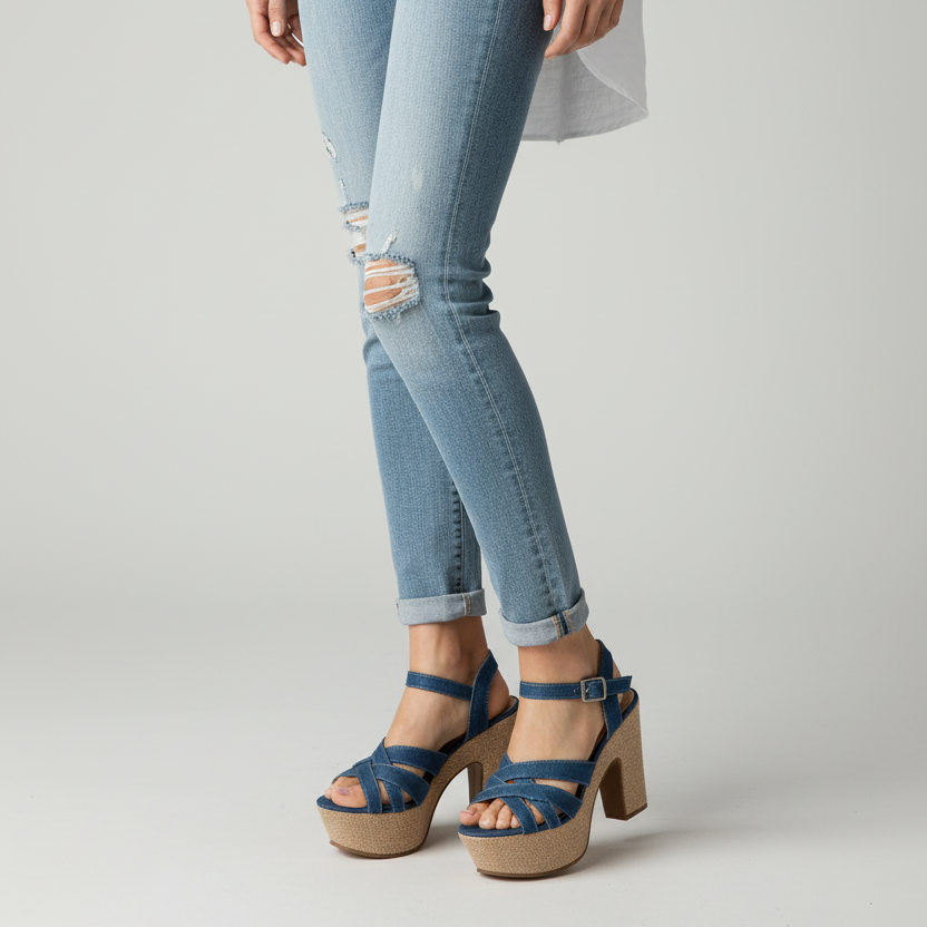 Modelo toma cerrada sandalia jean con plataforma cuña de yute Ref 7868