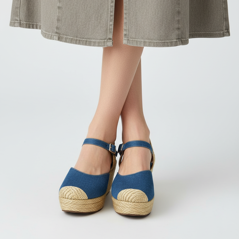 Modelo toma cerrada sandalia jean mejorada con zuecos iguales Ref 7763