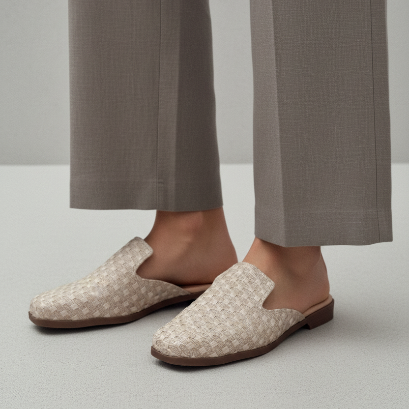 Modelo toma cerrada sandalia mule tejido beige crema bicolor plataforma beige Ref 8107