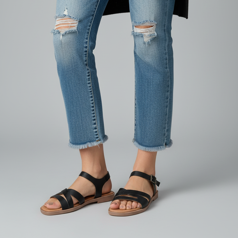 Modelo toma cerrada sandalia negra con tiras