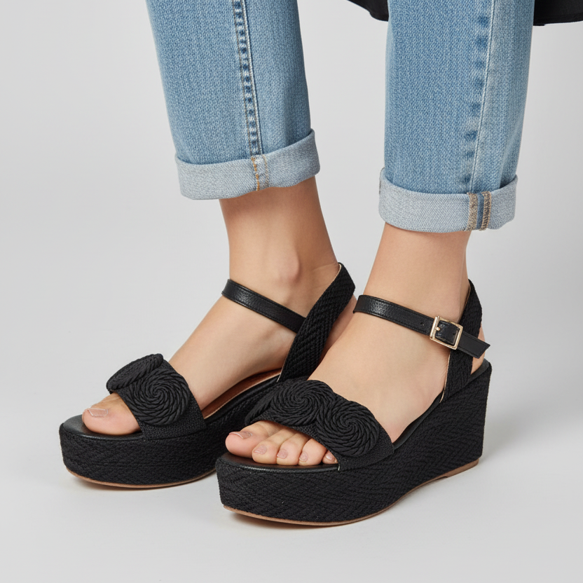 Modelo toma cerrada sandalia negra plataforma cuña yute con diseño espiral Ref 8088