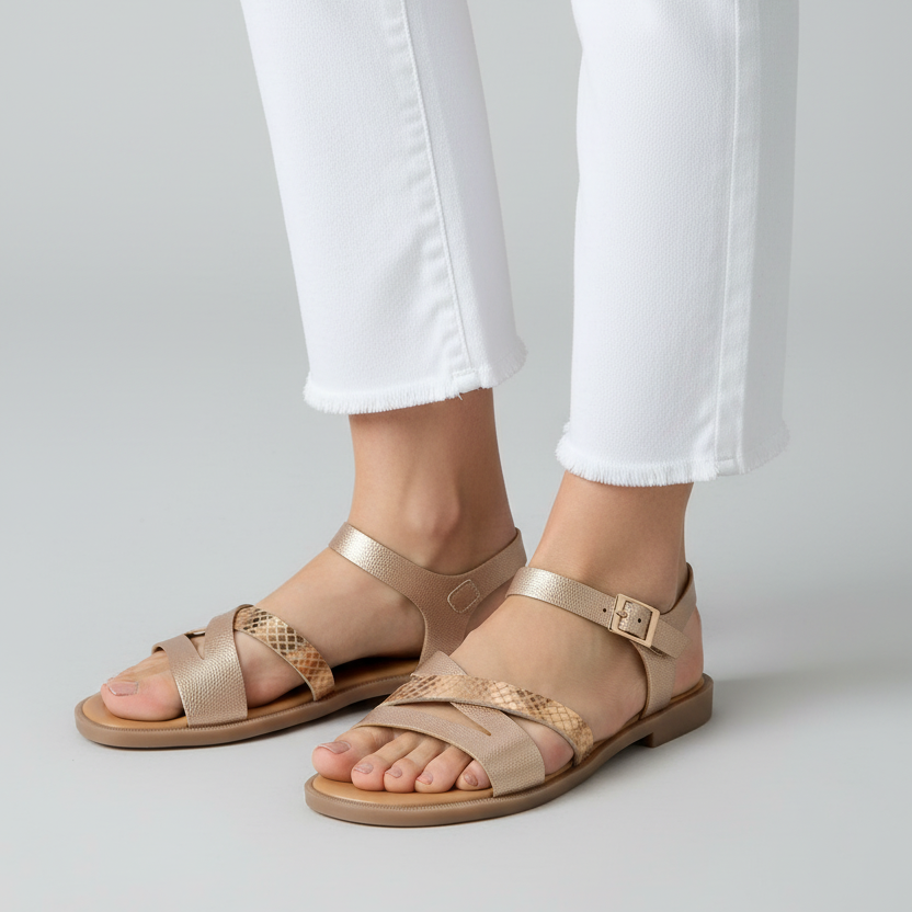 Modelo toma cerrada sandalia oro rosa con tiras