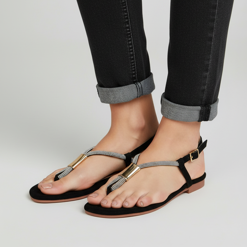 Modelo toma cerrada sandalia T-strap negra con pedrería