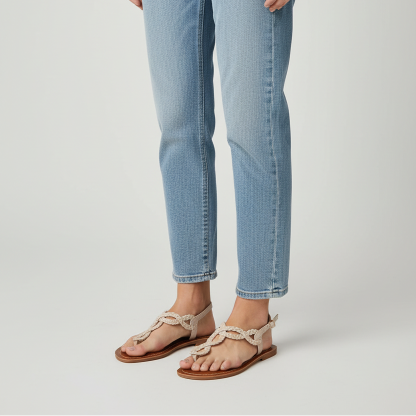 Modelo toma cerrada sandalia thong nude