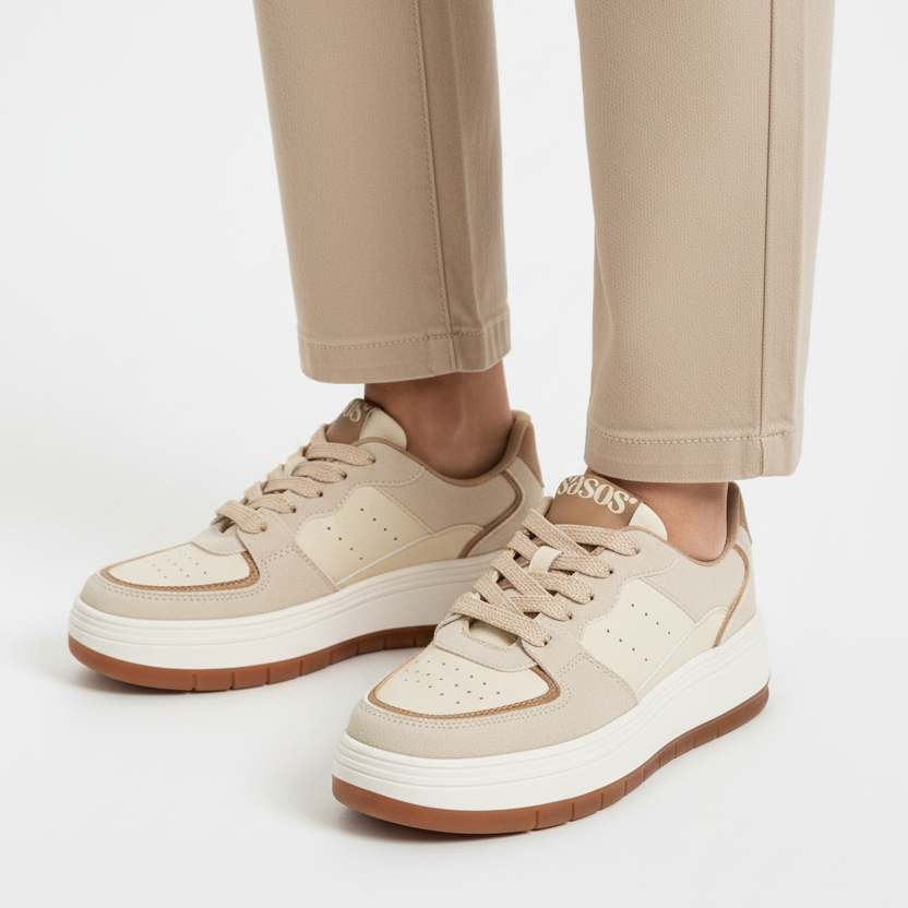 Modelo toma cerrada tenis beige