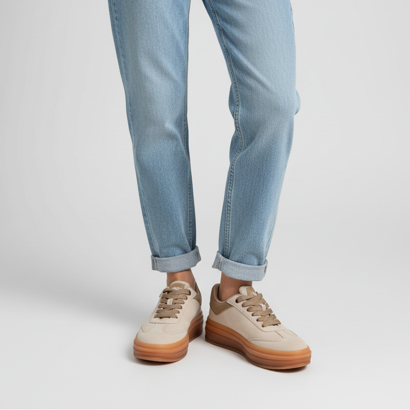 Modelo toma cerrada zapatilla deportiva beige ante Ref 8095