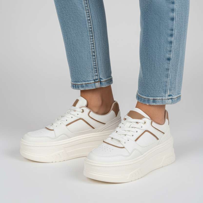 Modelo toma cerrada zapatilla deportiva blanca con detalles beige Ref 7943