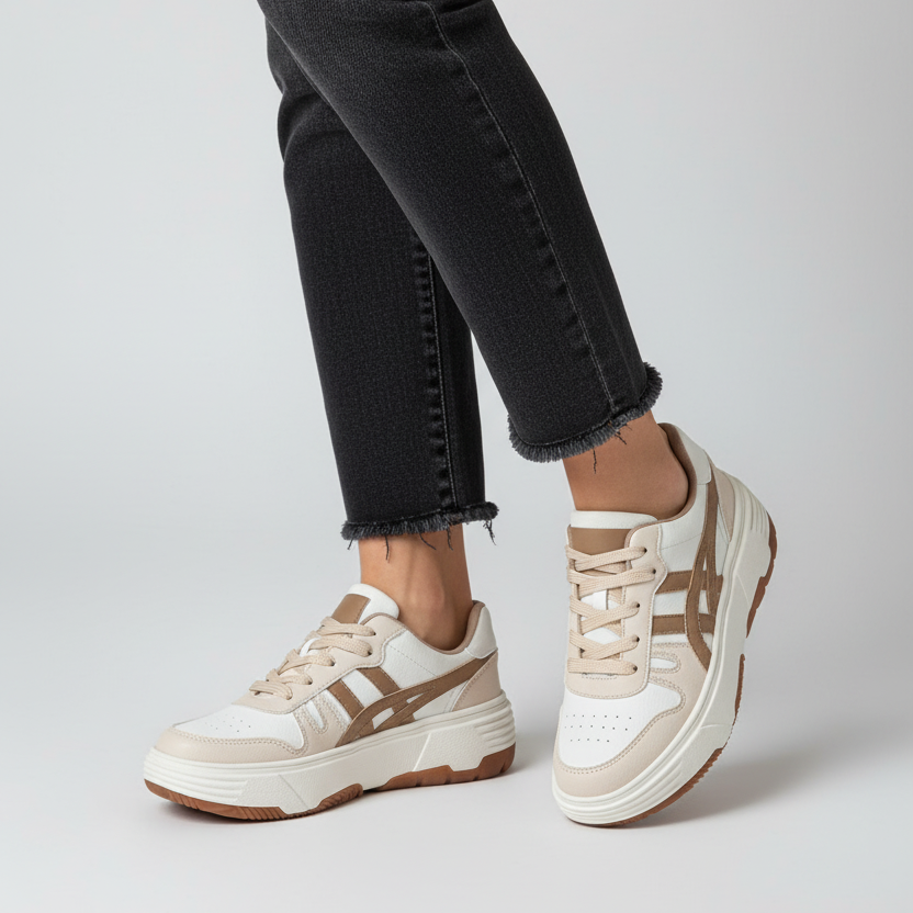 Modelo toma cerrada zapatilla deportiva blanca con detalles beige y café Ref 7983 - diseño original de cordones