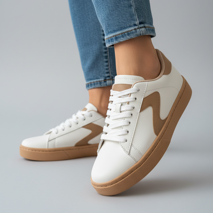 Modelo toma cerrada zapatilla deportiva blanca con detalles camel Ref 8064 - exacta a la imagen