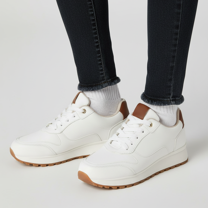 Modelo toma cerrada zapatilla deportiva blanca con detalles marrones Ref 7847 - exacta a la imagen