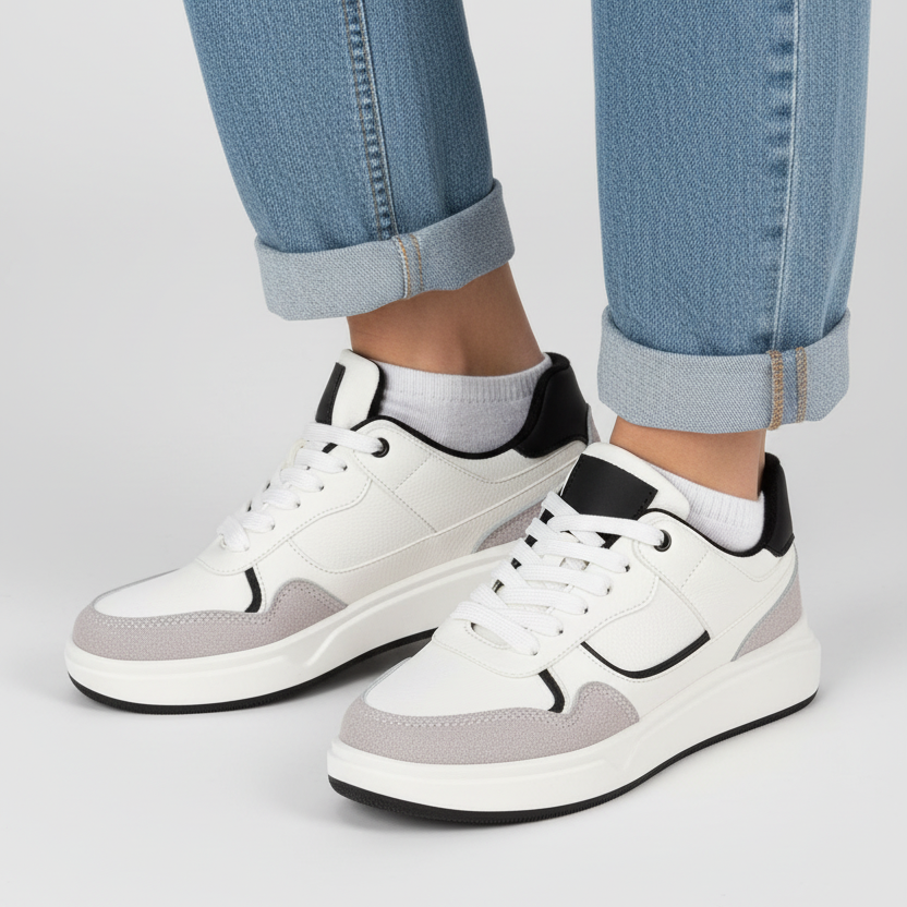 Modelo toma cerrada zapatilla deportiva blanca con detalles plateados Ref 7932