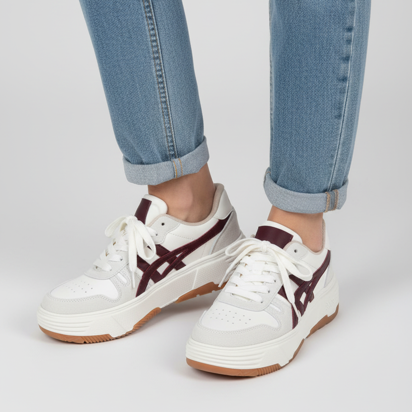 Modelo toma cerrada zapatilla deportiva blanca con detalles vinotinto Ref 7983 - exacta a la imagen
