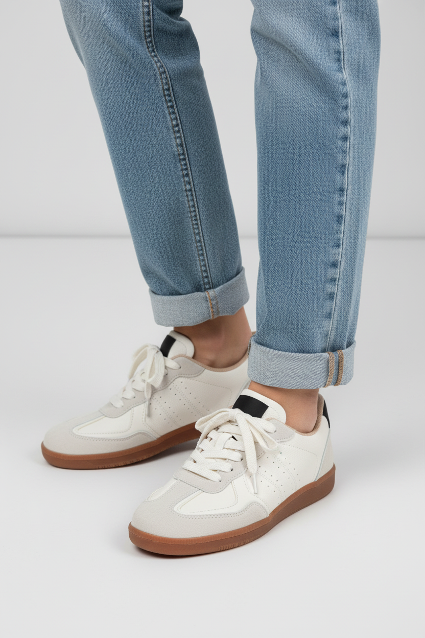 Modelo toma cerrada zapatilla deportiva gamuza blanca con detalles blancos Ref 8131