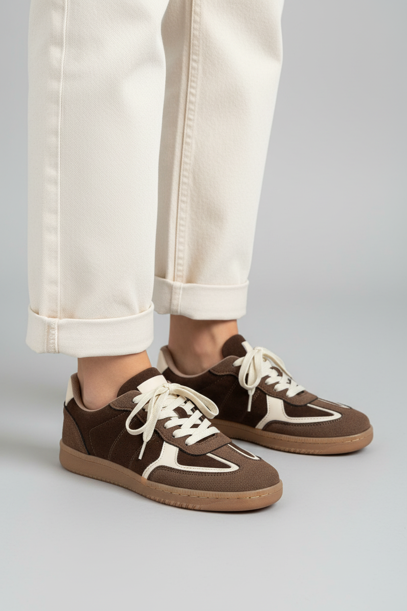 Modelo toma cerrada zapatilla deportiva gamuza café Ref 8131 - exacta a la imagen