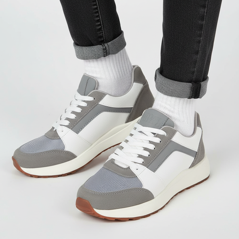 Modelo toma cerrada zapatilla deportiva gris y blanca con malla Ref 7911