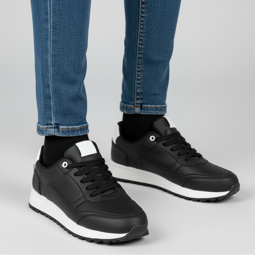 Modelo toma cerrada zapatilla deportiva negra con detalles blancos Ref 7847