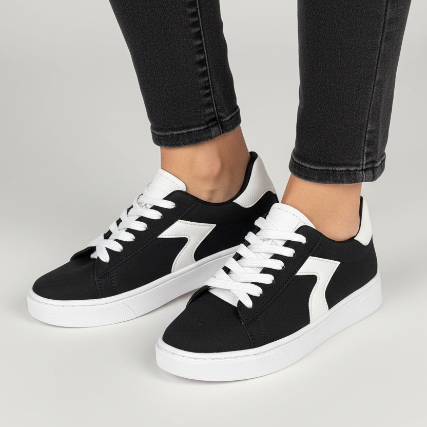 Modelo toma cerrada zapatilla deportiva negra con una franja blanca Ref 8064