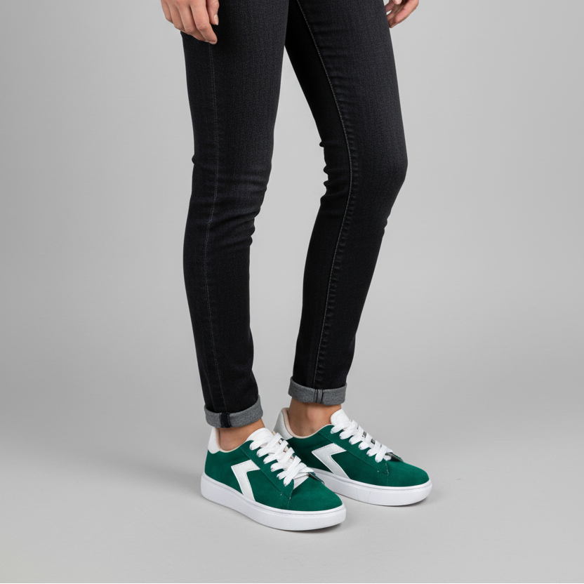 Modelo toma cerrada zapatilla deportiva verde esmeralda con detalles blancos Ref 8064 - exacta a la imagen