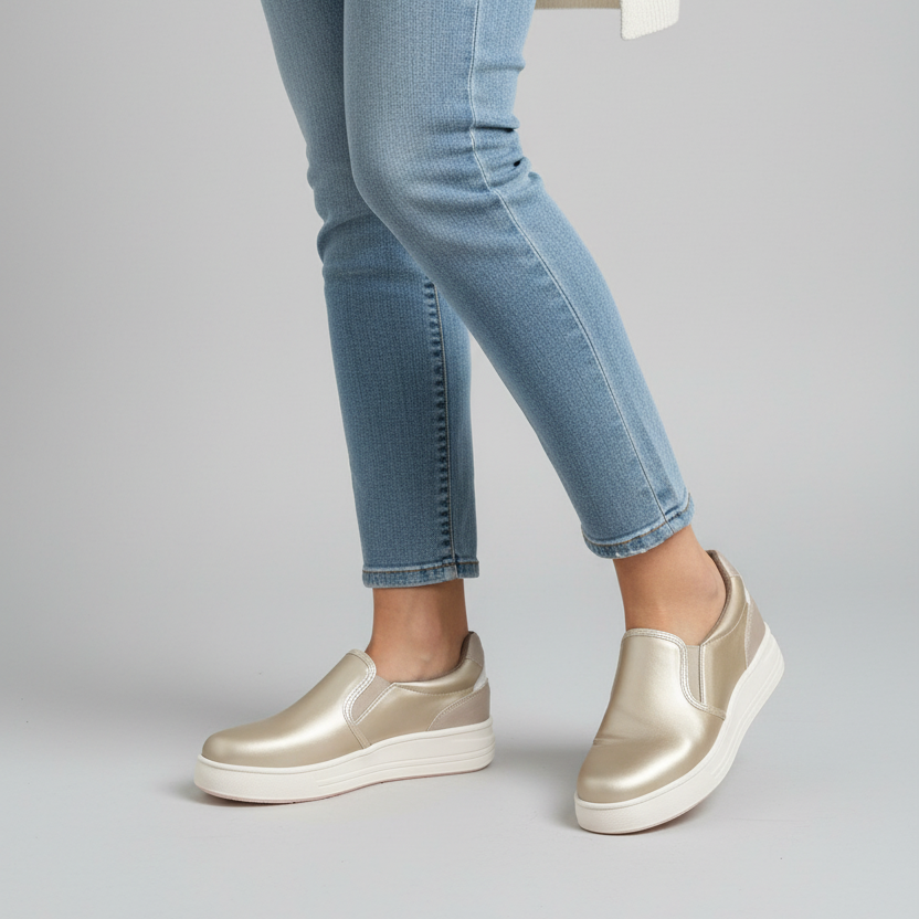 Modelo toma cerrada zapatilla slip-on champaña con elásticos laterales y plataforma Ref 8188