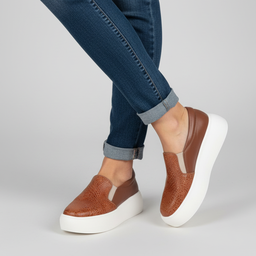 Modelo toma cerrada zapatilla slip-on miel con textura cocodrilo y plataforma Ref 8105