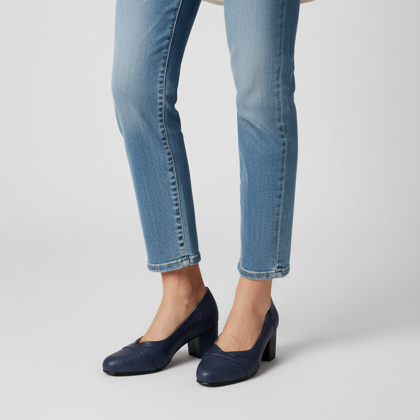 Modelo toma cerrada zapato azul tacón bloque con textura cocodrilo Ref 7999