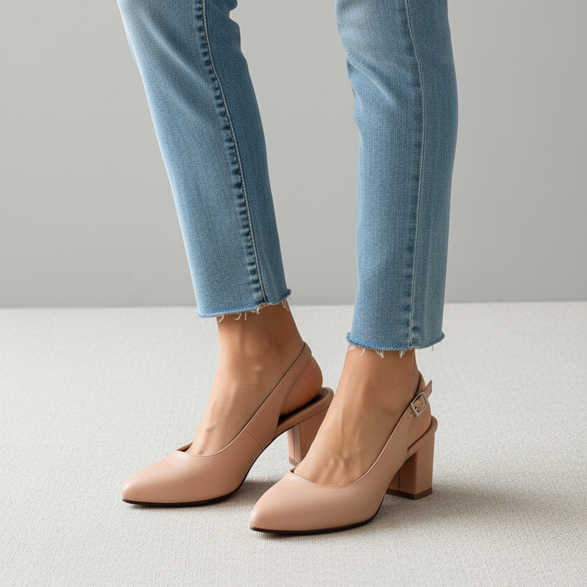 Modelo toma cerrada zapato slingback nude igual al diseño original Ref 7320