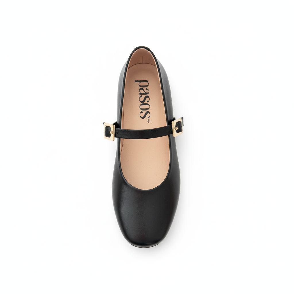 Vista aérea baleta cuero negro con correa y hebilla dorada Ref 8148