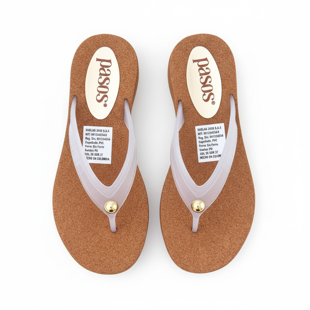 Vista aérea flip-flop blanco lila con corcho y detalle dorado