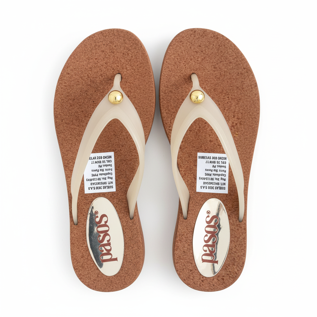 Vista aérea flip-flop nude con corcho y detalle dorado