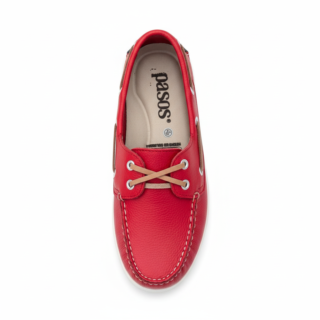 Vista aérea mocasín náutico rojo con cordones beige completos Ref 8118