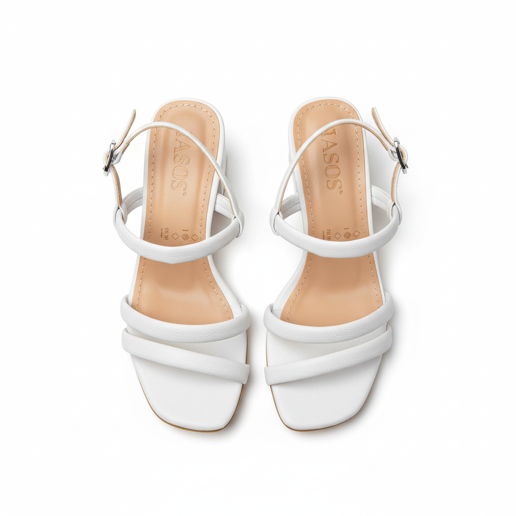 Vista aérea par de sandalias blancas tacón bloque dos tiras redondas Ref 7589