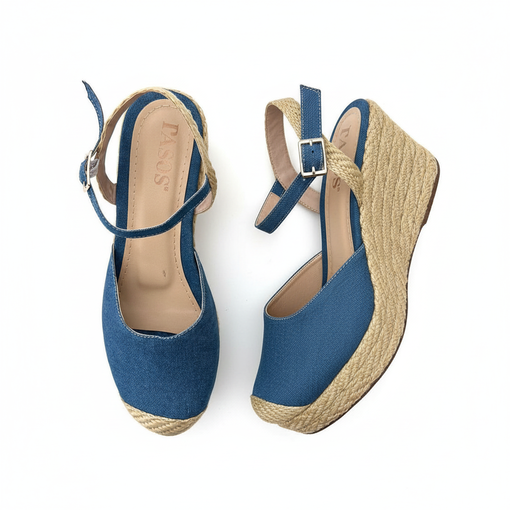 Vista aérea par de sandalias jean azul denim tipo zueco plataforma yute Ref 7763
