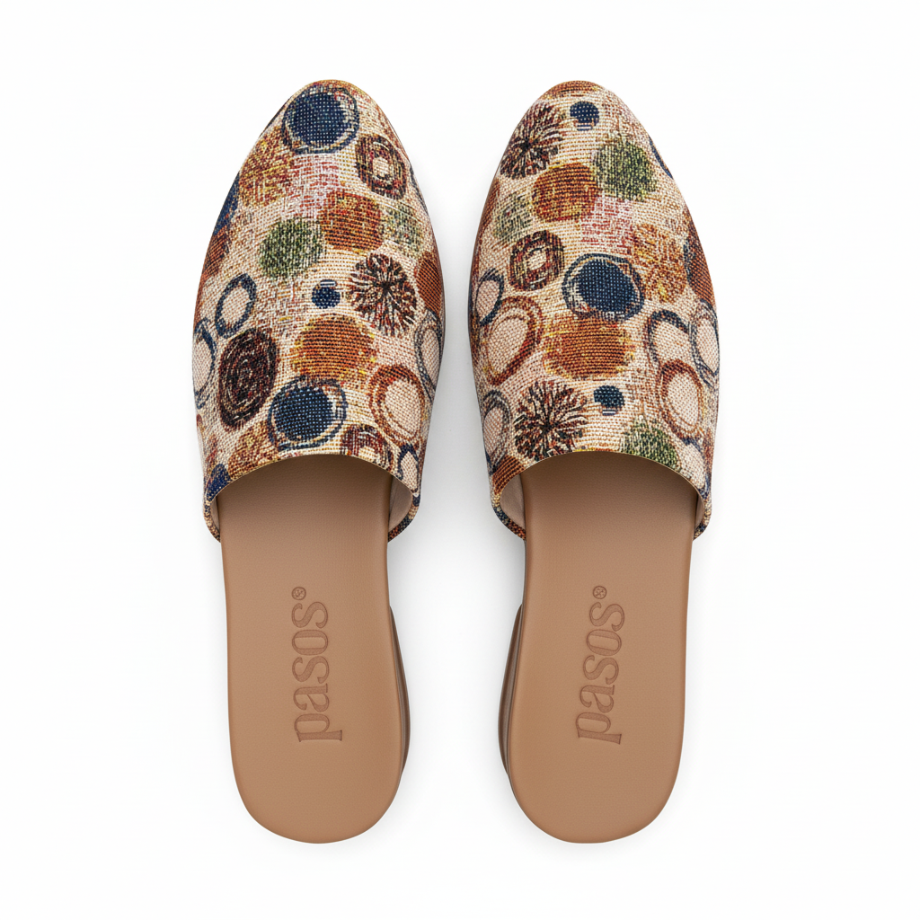 Vista aérea par de sandalias mule patrón círculos multicolor plataforma beige Ref 8157