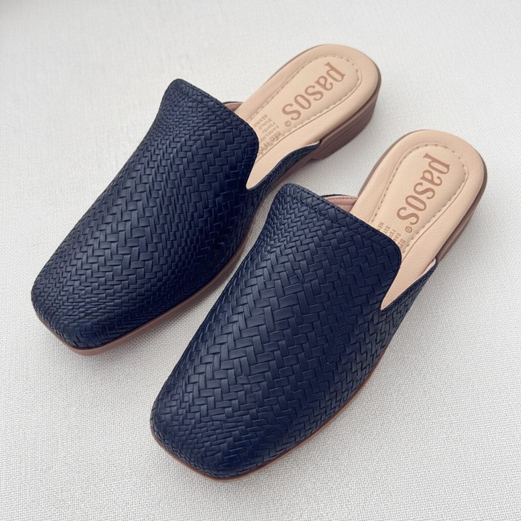 Vista aérea par de sandalias mule tejido azul marino negro plataforma beige Ref 8107