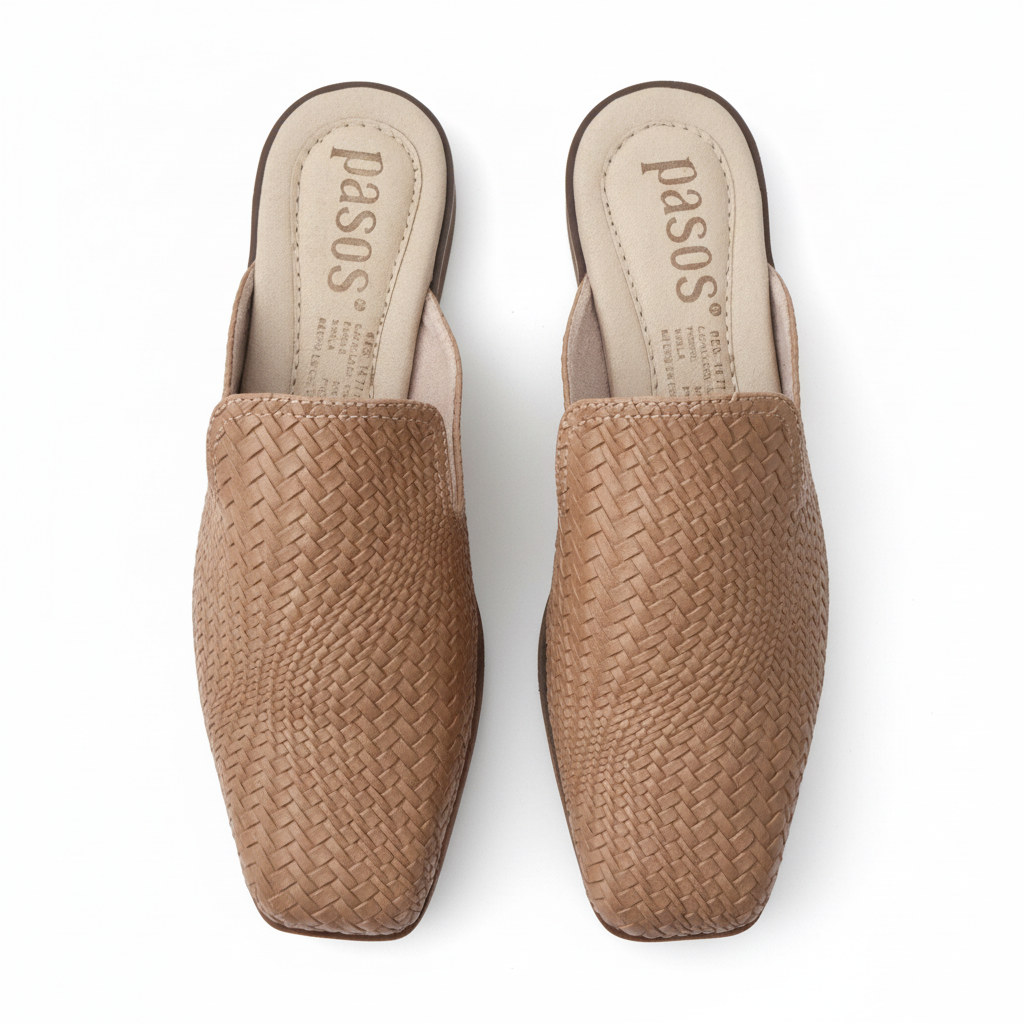Vista aérea par de sandalias mule tejido camel beige plataforma beige Ref 8107