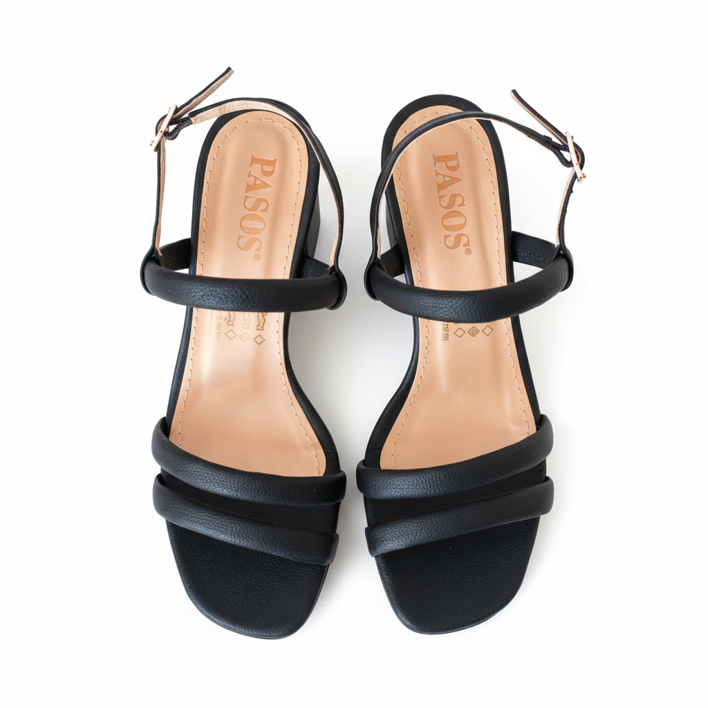 Vista aérea par de sandalias negras tacón bloque dos tiras Ref 7589