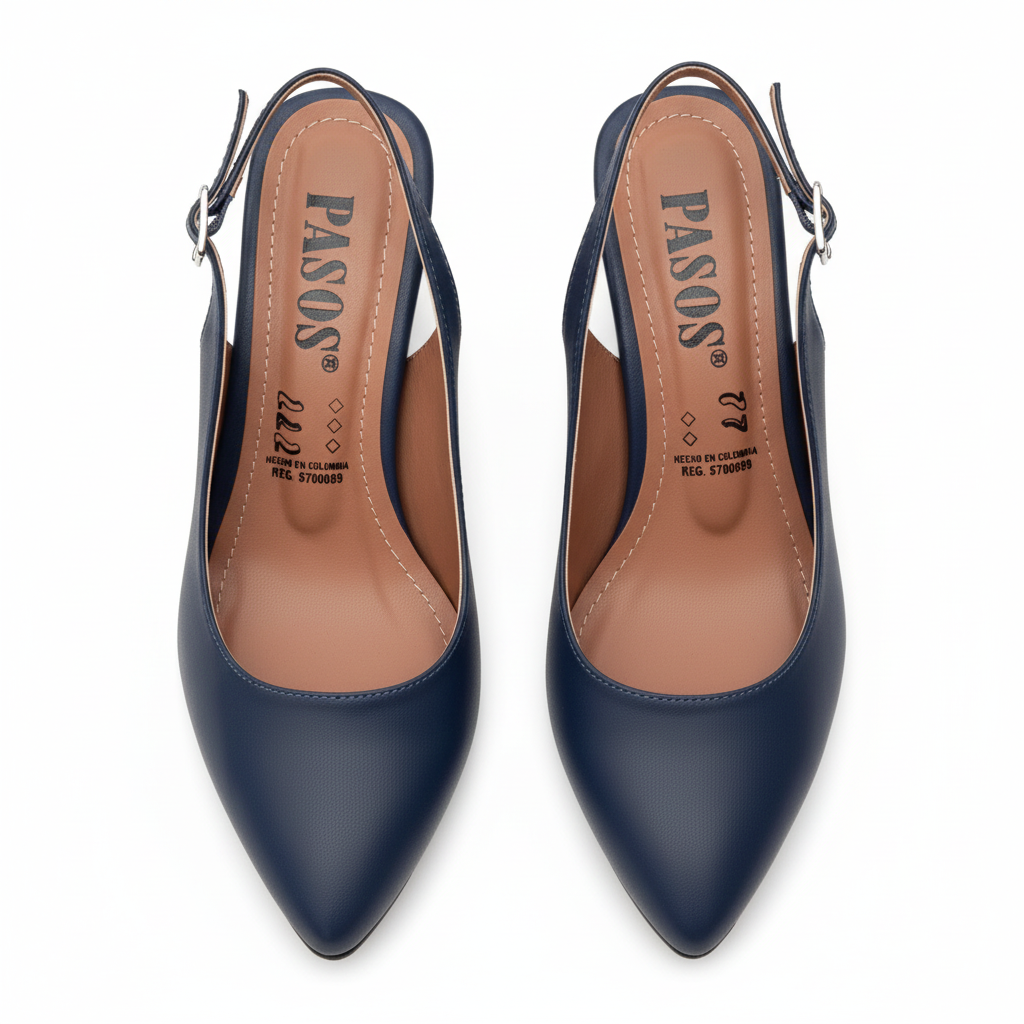 Vista aérea par de zapatos slingback azules tacón bloque Ref 7320